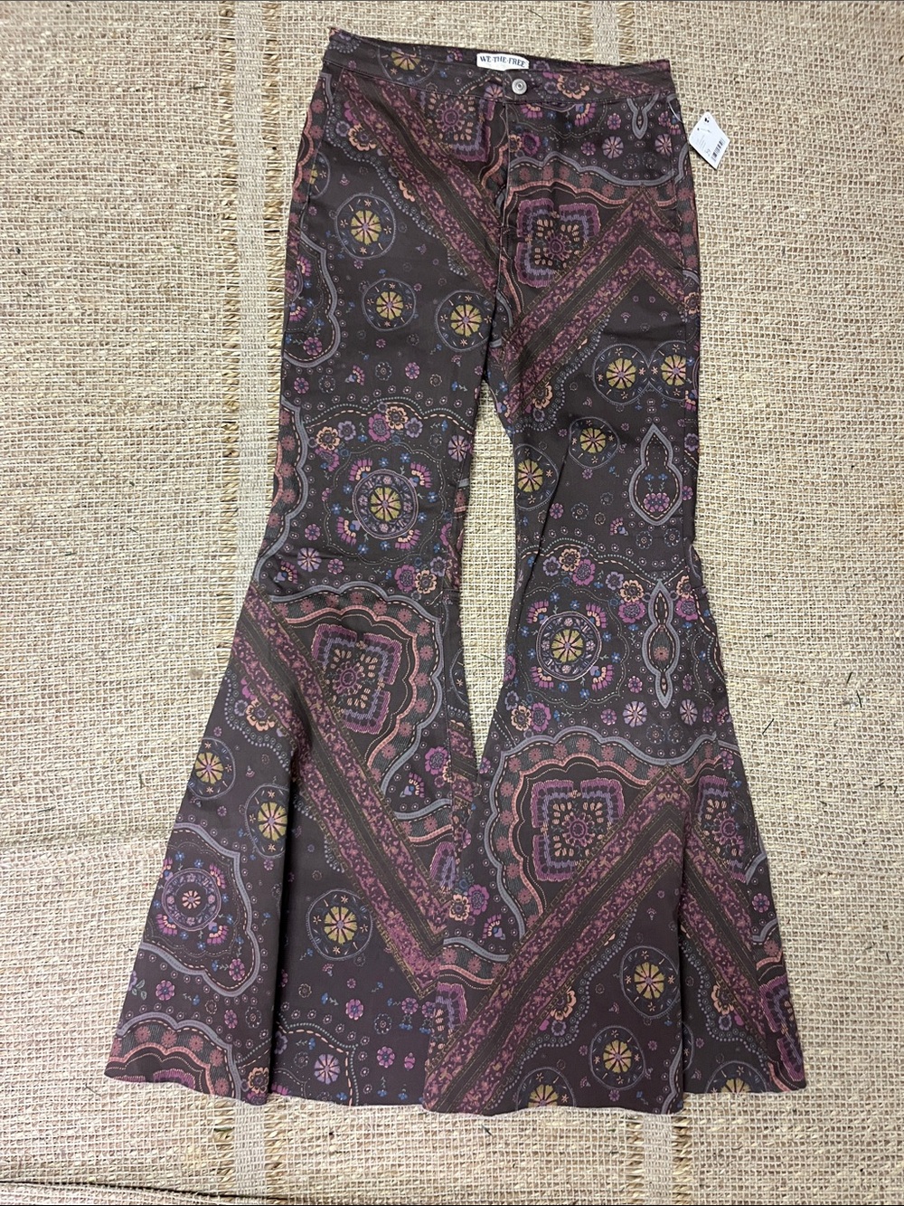 We The Free Brown Paisley-Print Flared Pants with Pink & Yellow Accents